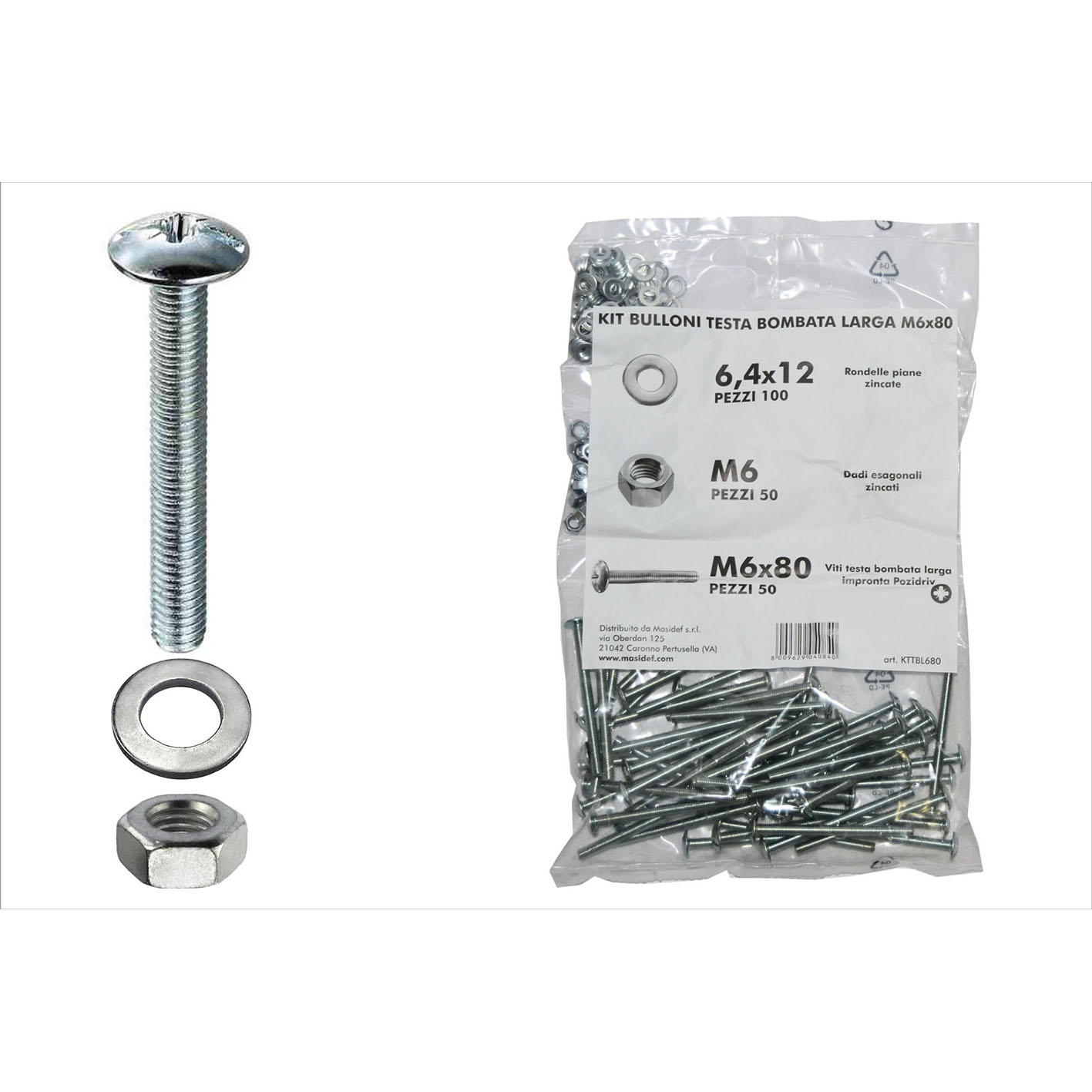 Kit viti testa bombata larga Ã˜ 6 x 80 + dadi + rondelle - 200 pz.