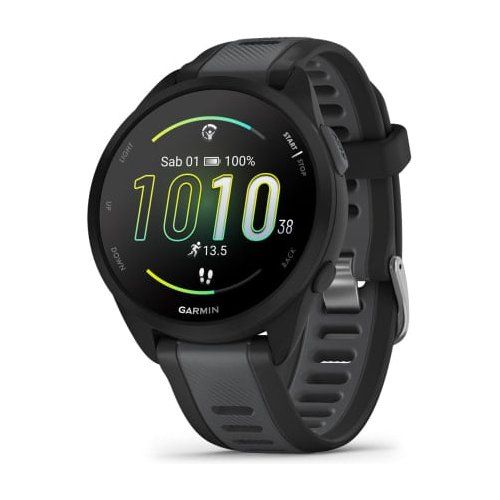 Garmin forerunner 165 smartwatch runner 43mm gps cardio vo2max report mattutino hrv status piani gratuiti 5k 10k e 21k training readiness garminpay black & slate gray