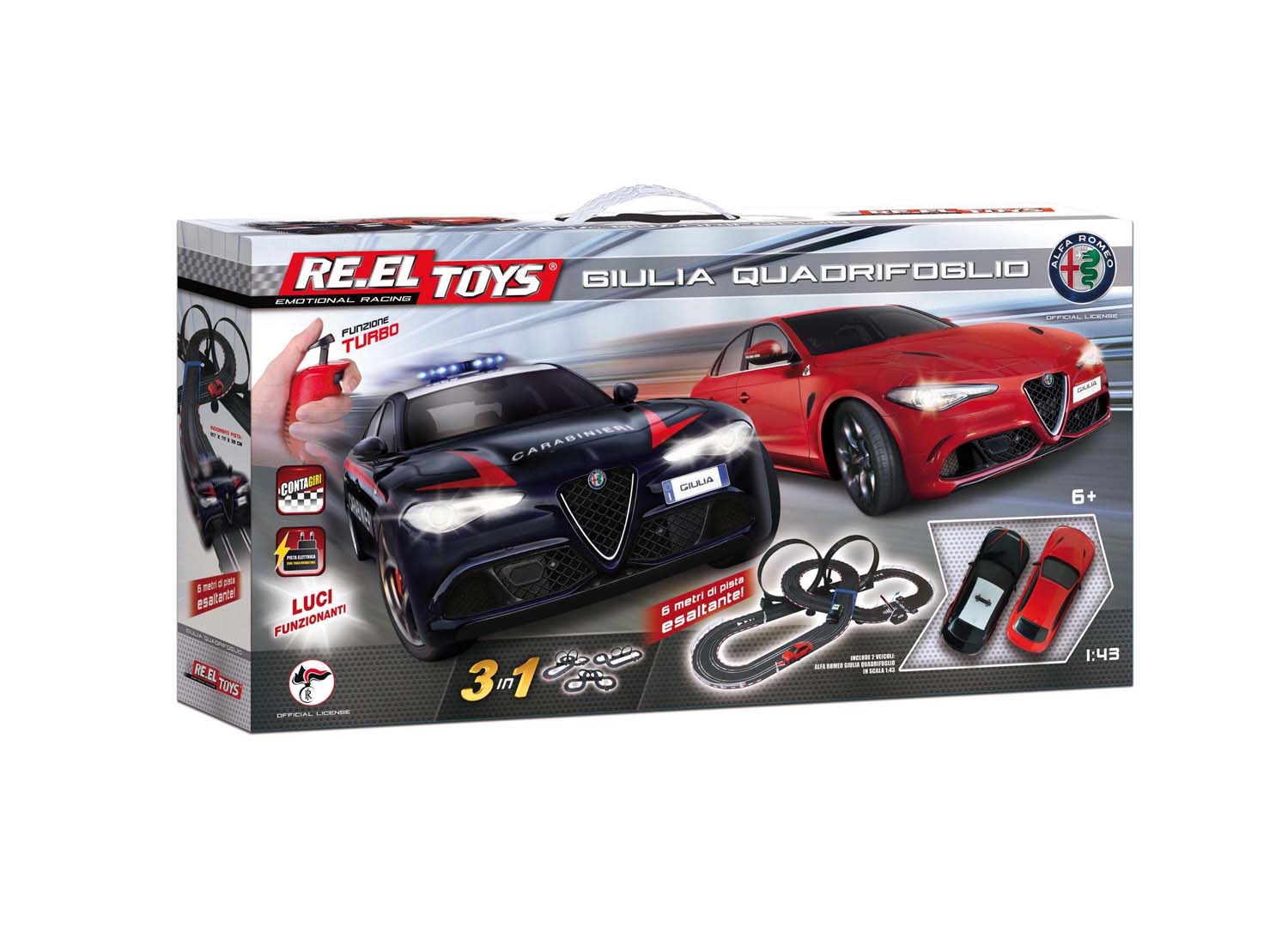 Merchandising Reel Toys: Alfa Giulia Quadrifoglio + Alfa Carabinieri Pista Elettrica Slot Car 600 Cm NUOVO SIGILLATO EDIZIONE DEL SUBITO DISPONIBILE
