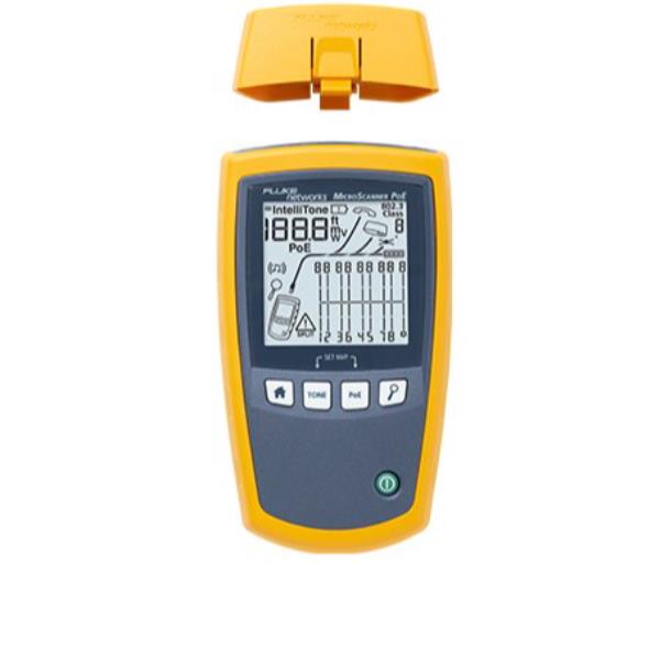 MS-POE MicroScanner PoE Verifier with MS-POE Wiremap Adapter, multi-language Getting Started Guide, batteries, and Fluke Networks carry Pouch