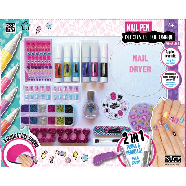 Creative-  Group Nail Pen Mega Set Kit con Asciugatore per Unghie da Decorare con Adesivi Smalto Polvere Glitter Gemme 3D Multicolore 2075