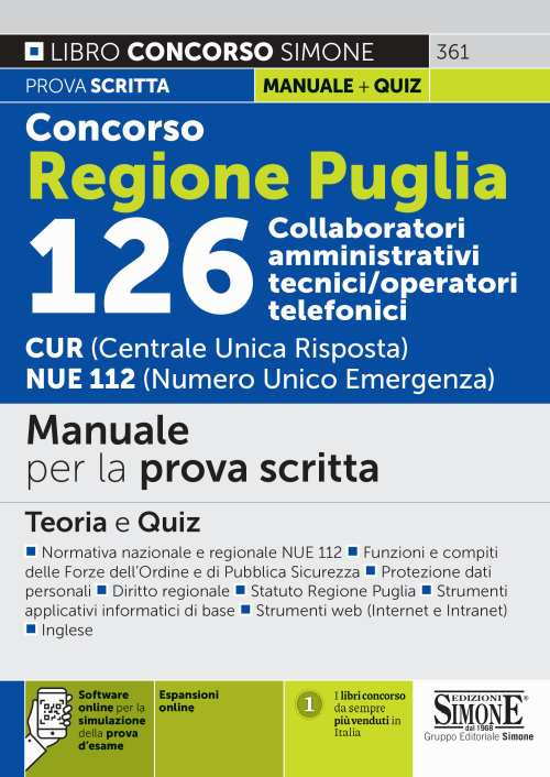 Libri Concorso Regione Puglia 126 Collaboratori Amministrativi Tecnici/Operatori Telefonici. CUR (Centrale Unica Risposta) NUE 112 (Numero Unico Emergenza). NUOVO SIGILLATO, EDIZIONE DEL 20/10/2021 SUBITO DISPONIBILE