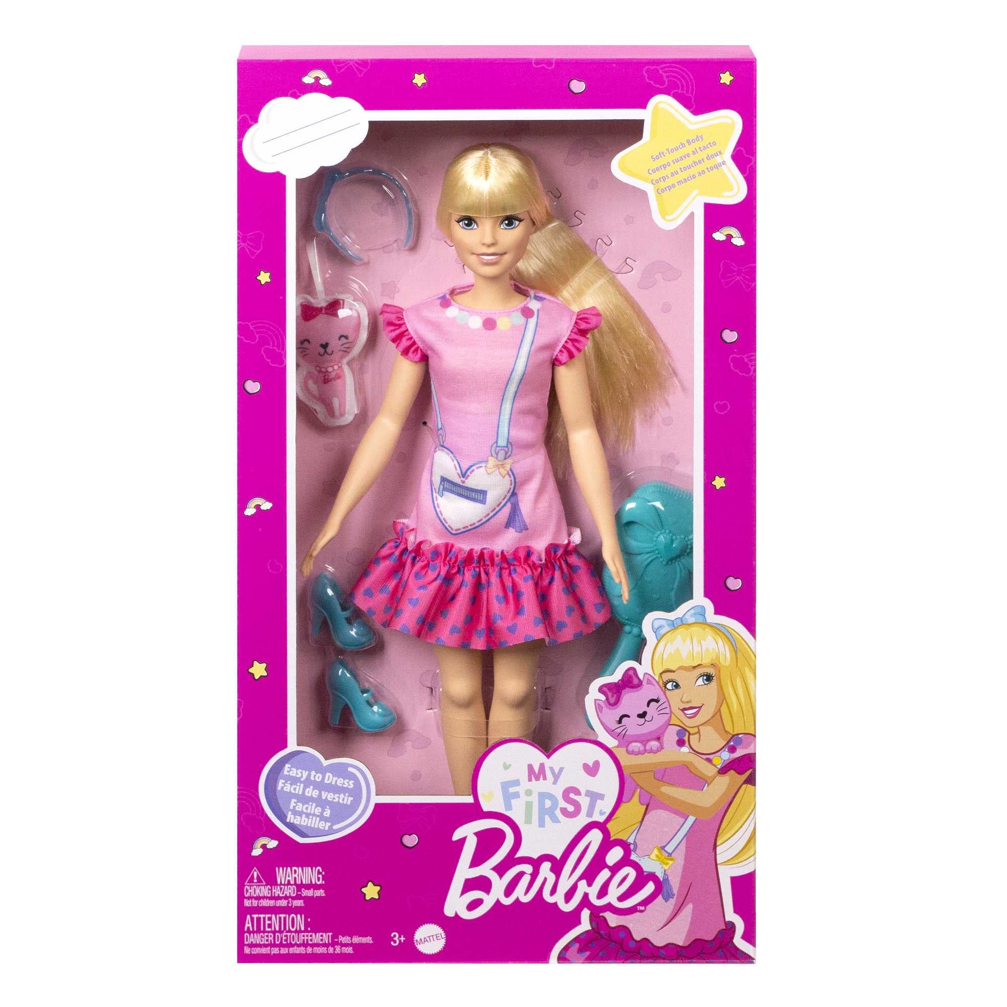 Barbie - La Mia Prima giocattolo per bambini 3+ anni Bambola alta 34 cm con busto morbido e arti snodati abito rosa e una borsetta a forma di cuore accessori e cucciolo di peluche HLL19