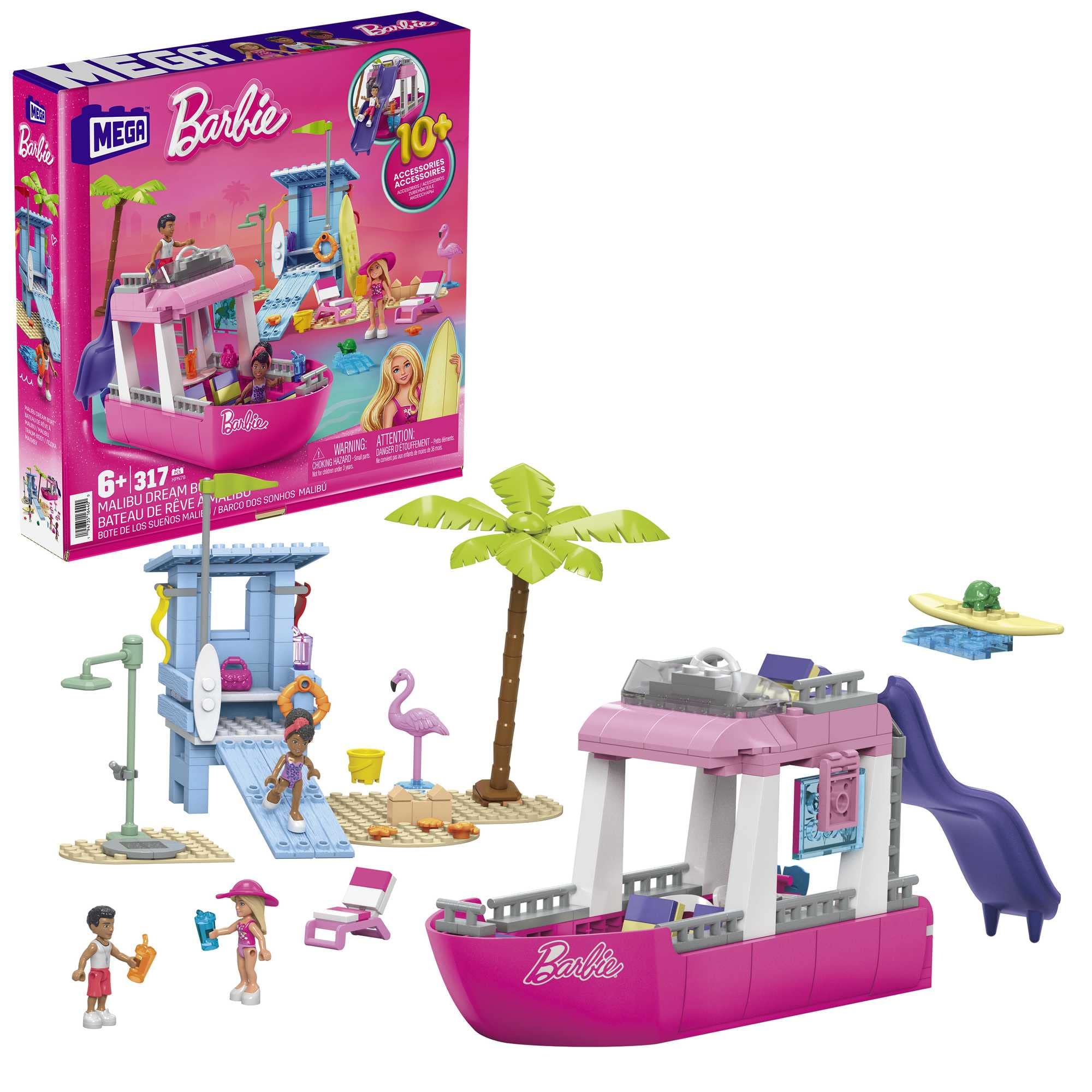 MEGA Barbie - Barca dei Sogni di Malibu playset da costruire da 317 pezzi include 3 mini bambole 2 cuccioli e tanti accessori giocattolo per bambini 6+ anni HPN79