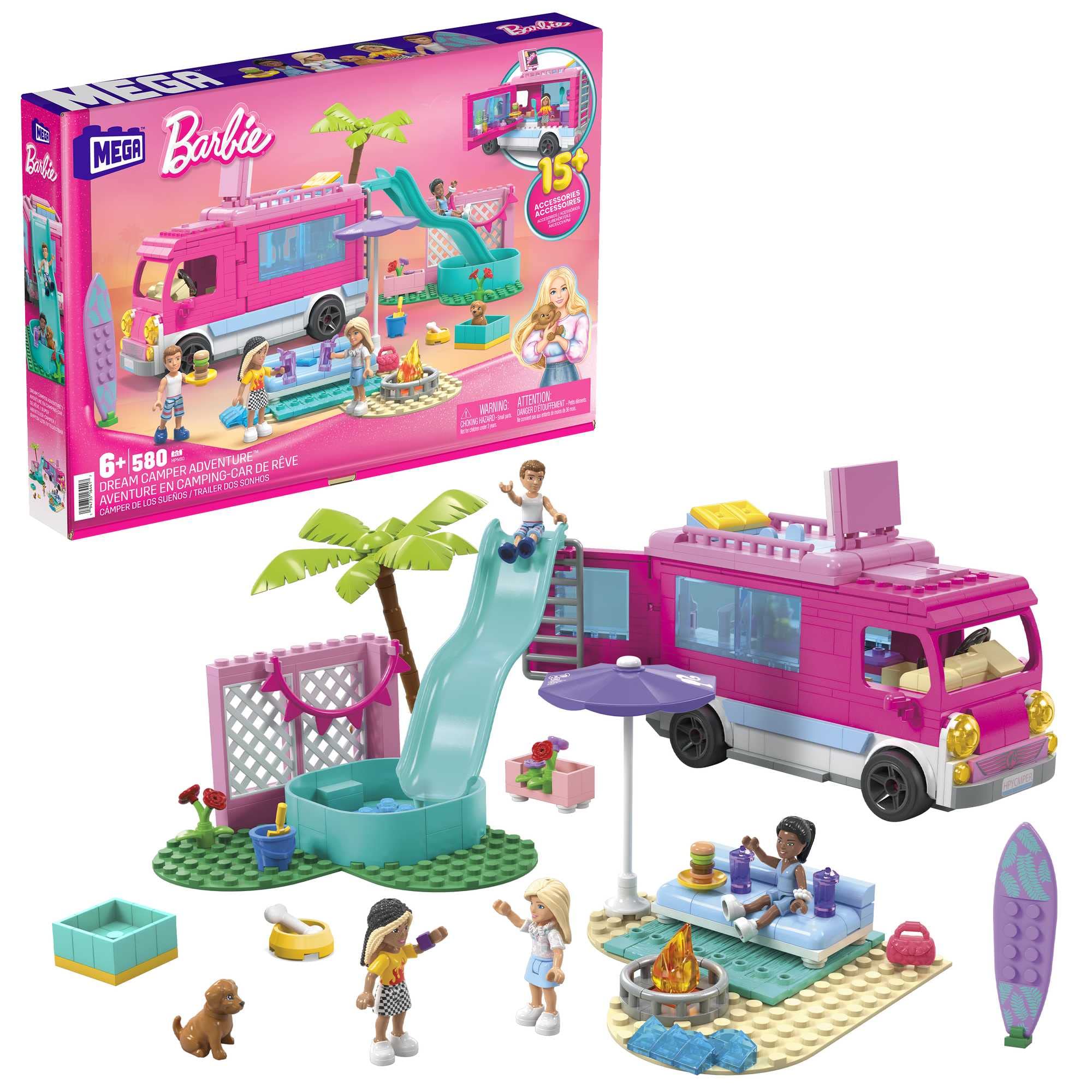 MEGA Barbie - Camper dei Sogni playset da costruire da 580 pezzi include 4 mini bambole e tanti accessori giocattolo per bambini 6+ anni HPN80