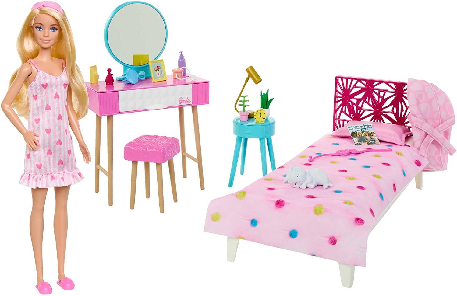 Barbie - Set Camera da letto di include una bambola in pigiama e pantofole un gattino specchiera e comodino 20+ accessori a tema giocattolo per bambini 3+ anni HPT55 rosa