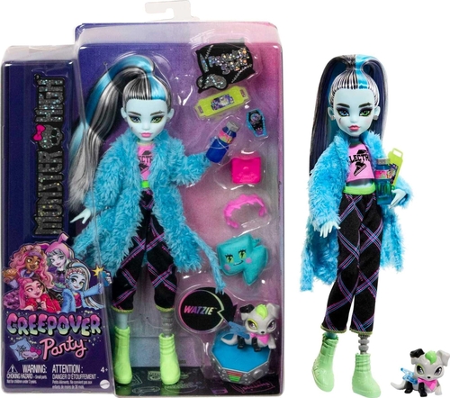 Monster High - Frankie Stein Creepover Party bambola con outfit dettagliato e accessori per il pigiama party cucciolo Watzie incluso giocattolo per bambini 4+ anni HKY68