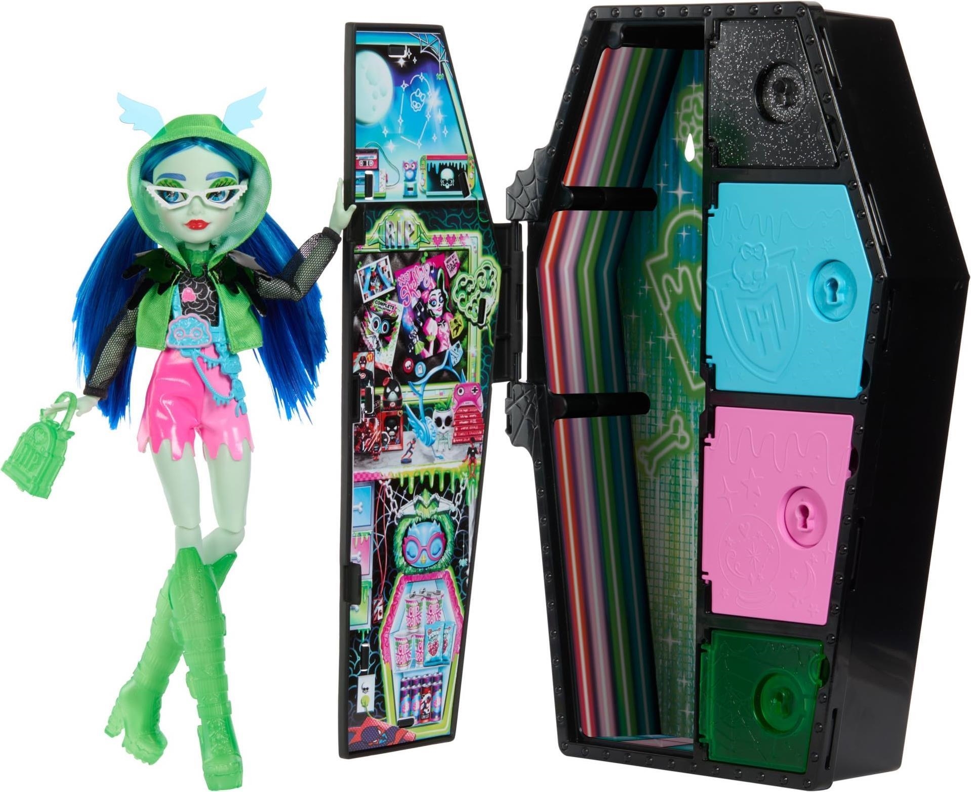 Monster High - Segreti da Brivido Neon Frights Ghoulia Yelps playset con bambola abiti e armadietto per i look 19+ accessori Color Reveal a sorpresa inclusi giocattolo per bambini 4+ anni HNF81